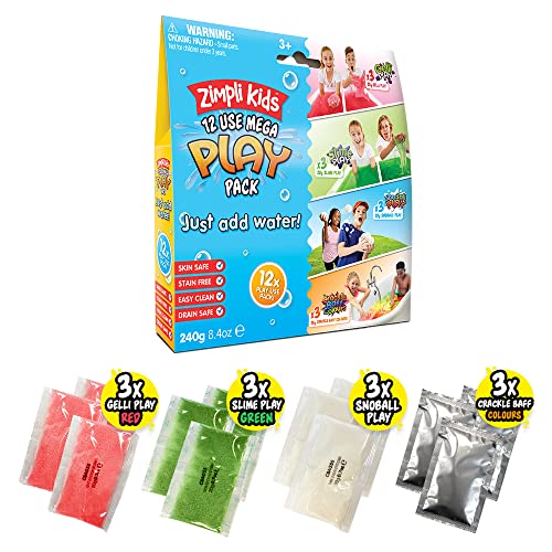 12 Use Mega Play Pack from Zimpli Kids, 3 x Gelli Play, 3 x Slime Play, 3 x Snoball Play & 3 x Crackle Baff, Children's Sensory Play Toy, Educational Learning Activity, DIY Creative Toy