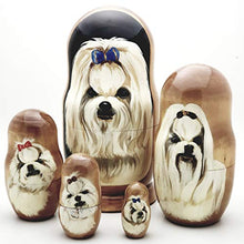 Load image into Gallery viewer, Maltese Dog Breed Nesting Stacking Dolls Russian Hand Carved Hand Painted 5 Piece Matryoshka Dog Set / 7&quot; H
