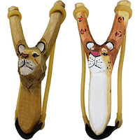 NatureLaunchers - Hand-Carved Wooden Animal Slingshot Set - 2 Pack - Cheetah & Lion
