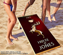 Load image into Gallery viewer, DaVinci Wrap Masters Personalized &#39;House of Baratheon Laminated Vinyl Corn Hole Board Decals.
