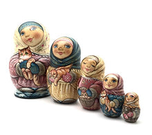 Load image into Gallery viewer, Unique One of The Kind Russian Nesting Dolls Girl with a Cat Hand Carved Hand Painted 5 Piece Set
