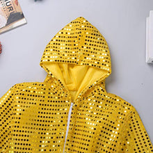 Load image into Gallery viewer, Agoky Children Girls Sequins Hip Hop Modern Jazz Street Dance Costume Outfit Kids Stage Performances Clothes Yellow Hooded Set 10-12
