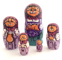 Orange Cat Nesting Dolls Russian Hand Carved Hand Painted 5 Piece Matryoshka Set
