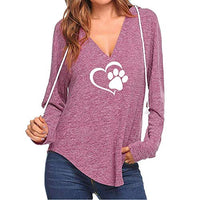 Amiley Women Fall Hoodies,Women Heart Printed Cat Footprints Casual Hoodie Pullover V Neck Hooded Sweatshirt (2XL, Pink)