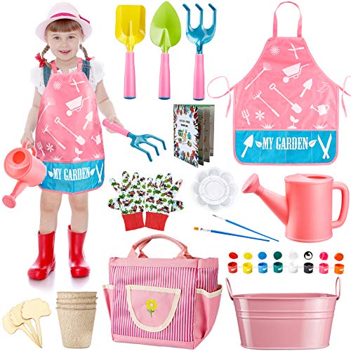 GINMIC Kids Gardening Tools with STEM Learning Guide, Washable Apron, Watering Can, Gardening Gloves, Shovel, Rake, & Painting Accessories Beach Sand Toy? Kids Garden Tool Set for Toddler Age on up.