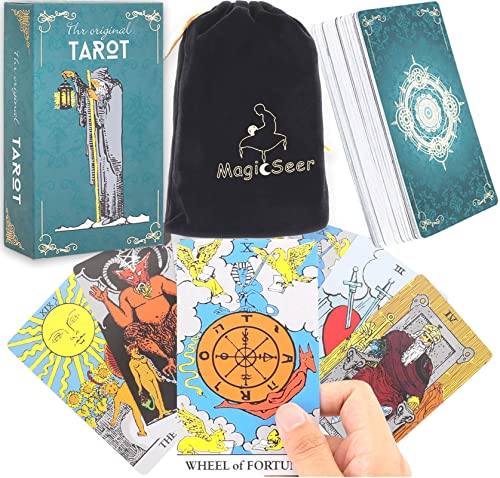 MagicSeer Original Tarot Cards,78 Durable Large Tarot Card Decks for Beginners and Expert,Tarot Cards Set with Velvet Tarot Card Bag Pouch for Gifts,Fortune Telling Cards Game