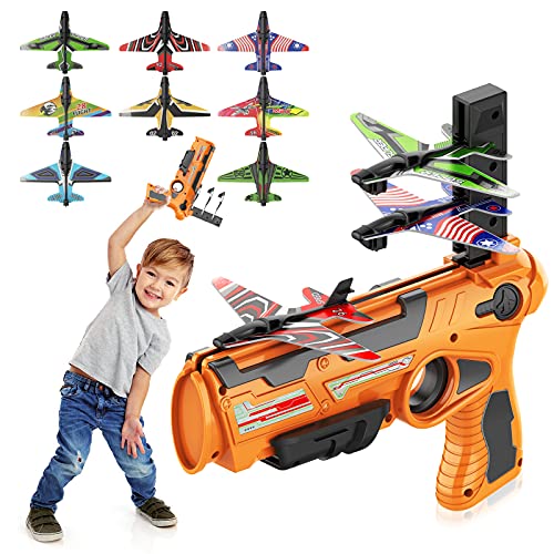 KDRose Bubble Catapult Plane Toy, One-Click Ejection Model Foam Airplane with 8 Pcs Glider Airplane, Gifts for Boys and Girls, Outdoor Sport Toys Birthday Party Favors Airplane Toy (Orange)