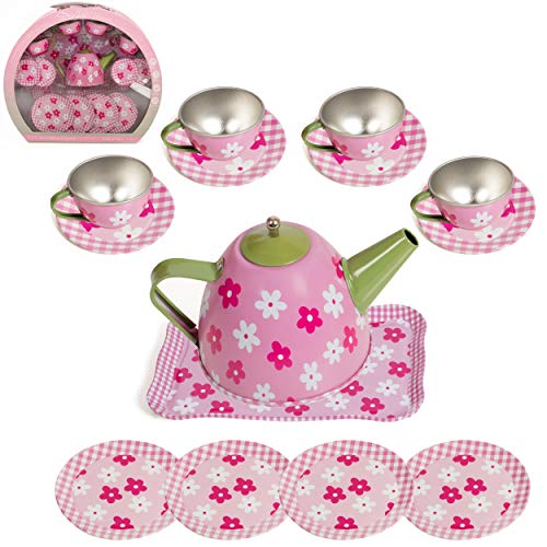 IQ Toys Tin Tea Set and Carry Case for Little Girls Pretend Tea Party in Bright Colors and Dainty Design