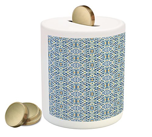 Ambesonne Ethnic Piggy Bank, Portuguese Azulejo Tiles Floral European Medieval Style Mosaic Moroccan Retro Effect, Printed Ceramic Coin Bank Money Box for Cash Saving, Multicolor