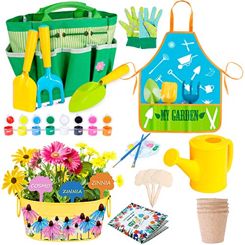 INNOCHEER Kids Gardening Tools, Garden Tool Set for Kids with Gardening Guide Book, Watering Can, Gloves, Shovel, Rake, Trowel, Kids Smock and Hat, All in One Gardening Tote (Multicolored)
