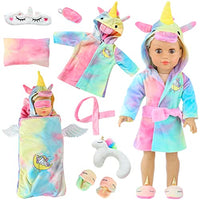 Ecore Fun 18 inch Girl Doll Clothes and Doll Sleeping Bag Set -Unicorn-Nightgown with Matching Sleepover Masks & Pillow -Dolls Accessories for Kids-Best Gifts