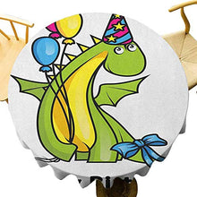 Load image into Gallery viewer, Kids Birthday Tablecloth - 55 Inch Round Table Cloth Kitchen Little Baby Dinosaur Animal Party Event with Colorful Balloons Quick Wipe Fern Green and Yellow
