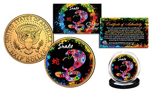 Chinese Zodiac Polychrome Genuine JFK Half Dollar 24K Gold Plated Coin - Snake