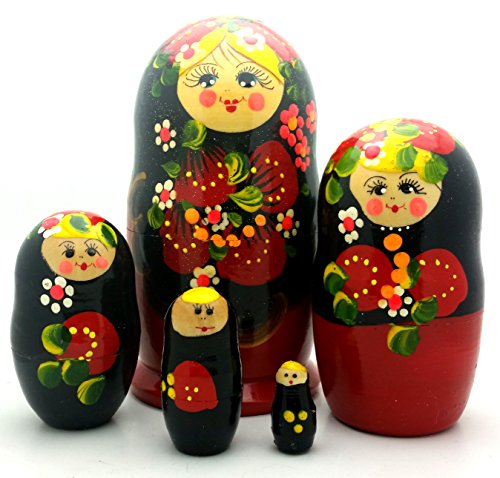 BuyRussianGifts Red with Strawberry Russian Nesting Doll Traditional Hand Carved Hand Painted 5 Piece Doll Set 4.5