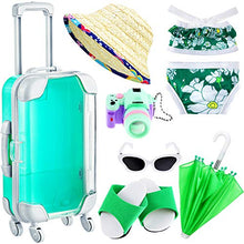 Load image into Gallery viewer, Doll Accessories Travel Set 7 Pieces Doll Travel Luggage Play Set Doll Travel Suitcase with Green Suitcase Camera Sunglasses Bikini Slippers Umbrella Straw Hats for 18 Inch Doll Travel Carrier Storage
