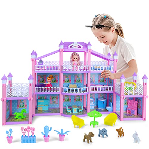Dollhouse Dream House Building Toys, Large Doll House with 2 Dolls and Furniture Accessories 11Rooms, DIY Dreamhouse Pretend Play Playset, Best Learning Roleplay STEM Gift for Toddlers Girls Ages 3+