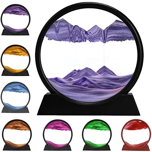 rysnwsu 3D Dynamic Sand Art Liquid Motion, Moving Sand Art Picture Round Glass 3D Deep Sea Sandscape in Motion Display Flowing Sand Frame Relaxing Desktop Home Office Work Decor (Purple, 7'')