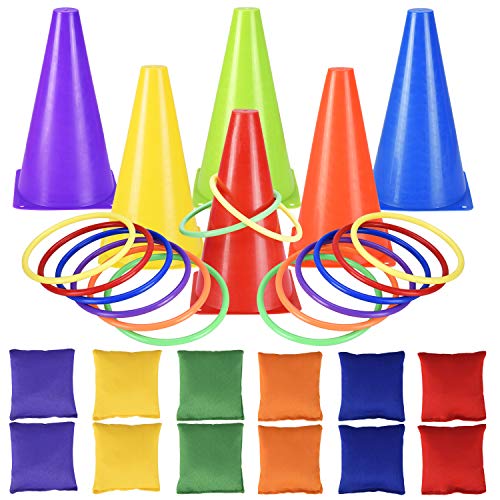 31 PCS Outdoor Carnival Games, 3 in 1 Bean Bag Ring Toss Games for Kids Birthday Party, Plastic Soft Cones Yard Lawn Game for Family Party (Bean Bag Ring Toss Games)