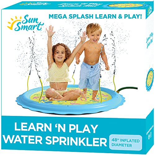 SunSmart Learn 'N Play Sprinkler Splash Mat - Helps Kids Learn Letters, Colors and Writing - Inflatable Splash Mat with 24 Adjustable Spray Zones and Water Wiggle Tubes