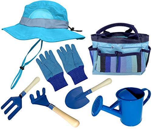 KidsGarden Set &BucketHat Combo:Real Metal Tools & Wooden Handles; Shovel, Rake & Pitch Fork, Pitcher, Gloves & Carrying Bag.Sure-Fit Adjustable Hat with Chin Strap & Ventilation Panels. Blue S/M