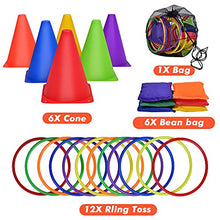 Load image into Gallery viewer, FUN LITTLE TOYS 3 in 1 Carnival Outdoor Games, Bean Bag Toss Game for Kids, Plastic Cones Ring Toss Party Game for Indoor or Outdoor Birthday Gifts 25Pieces Set

