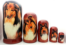 Load image into Gallery viewer, Collie Dog Nesting Dolls Russian Hand Carved Hand Painted 5 Piece Matryoshka Dog Set / 7&quot; H
