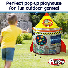 Load image into Gallery viewer, Playz 5-in-1 Rocket Ship Play Tent for Kids with Dart Board, Tic Tac Toe, Maze Game, &amp; Immersive Floor - Indoor &amp; Outdoor Popup Playhouse Set for Toddler, Baby, &amp; Children Birthday Gifts
