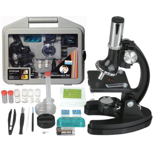 AmScope 120X-1200X 52-pcs Kids Beginner Microscope STEM Kit with Metal Body Microscope, Plastic Slides, LED Light and Carrying Box (M30-ABS-KT51),Black