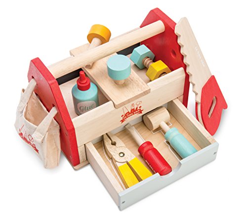 Le Toy Van - Cars & Construction Educational Wooden Tool Box Play Set for Role Play | Boys Pretend Play Wooden Tools - Suitable for 3 Year Olds and Older , Tool Box 12 Piece Set