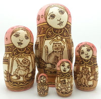 BuyRussianGifts Russian Nesting Doll with Cat Wood Burned Hand Carved Hand Painted 5 Piece Doll Set / 6