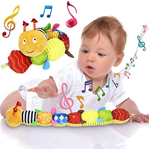 FIOLOM Stuffed Caterpillar Baby Toys Musical Soft Infant Toy Texture Sensory Plush Toys Crinkle Rattle with Ring Bell Ruler Design for Crawling Babies Boys Girls Newborn Preschool Toddler 3+ Month