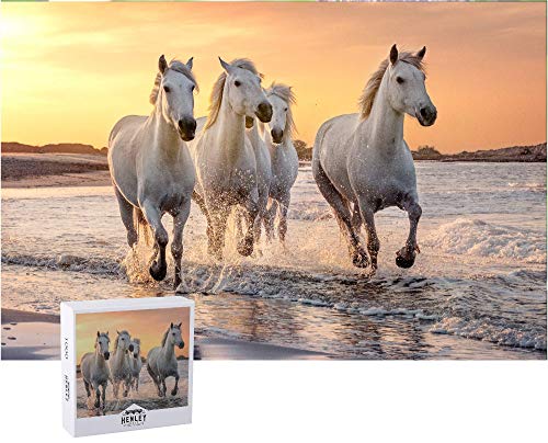 Horse Puzzle or Horse Puzzles for Adults 1000 Piece Horses Puzzle Frame with Fun Fact Poster & Reference Poster, Large Puzzle Galloping Horses on The Beach Illustration - 20x27 inches