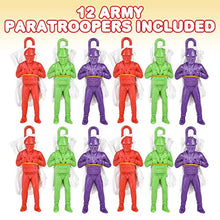 Load image into Gallery viewer, ArtCreativity Mini Paratroopers with Parachutes, Pack of 12, Vinyl Parachute Men Toy in Assorted Colors, Durable Plastic Army Guys Playset, Fun Parachute Party Favors for Boys and Girls
