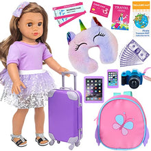 Load image into Gallery viewer, K.T. Fancy 23 pcs 18 Doll Accessories Suitcase Travel Luggage Play Set for 18 Inch Doll Travel Carrier, Sunglasses Camera Computer Phone Pad Travel Pillow Passport Tickets Cashes
