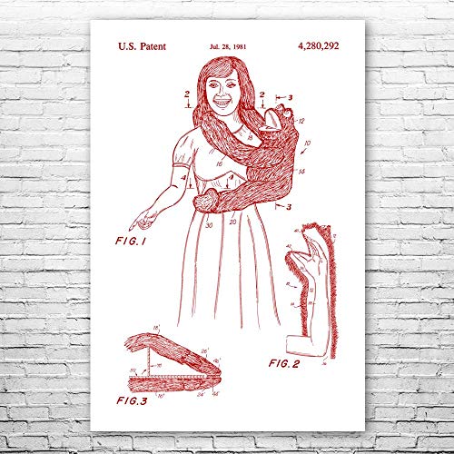 Patent Earth Monkey Hand Puppet Poster Print, Toy Store Art, Puppet Decor, Ventriloquist Gift, Puppet Wall Art, Puppet Design Red & White (13 inch x 19 inch)