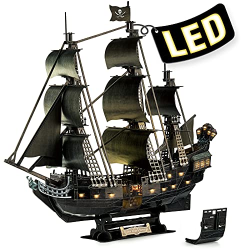 3D Puzzle for Adults Moveable LED Pirate Ship with Detailed Interior Decoration, Large Queen Anne's Revenge Sailboat Desk Puzzles, Difficult 3D Puzzles with Lights Gifts for Men Women