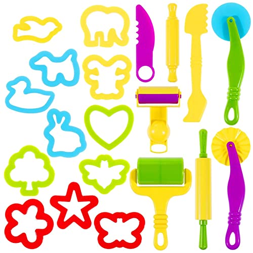 Oun Nana Playdough Tools 20 PCS Play Dough Tools Set for Kids, Various Shape Playdough Cutters & Rollers, Random Color