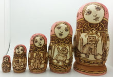 Load image into Gallery viewer, BuyRussianGifts Russian Nesting Doll with Cat Wood Burned Hand Carved Hand Painted 5 Piece Doll Set / 6&quot; Tall Girl with a cat
