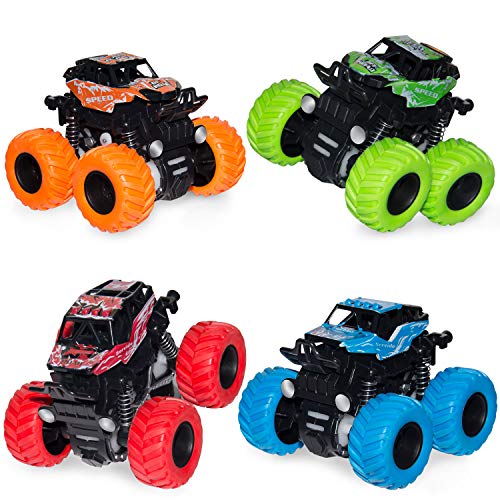 4 Pack Monster Truck Toys for Boys and Girls, Inertia Car Pull Back Vehicle Playsets, Friction Powered Push and Go Toy Cars, Christmas Gift Birthday Party Supplies for Toddlers Kids Ages 3+