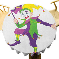 Mardi Gras Tablecloth - 55 Inch Round Tablecloth Kitchen Cartoon Style Jester in Iconic Costume with Mask Happy Dancing Party Figure Drapability Multicolor