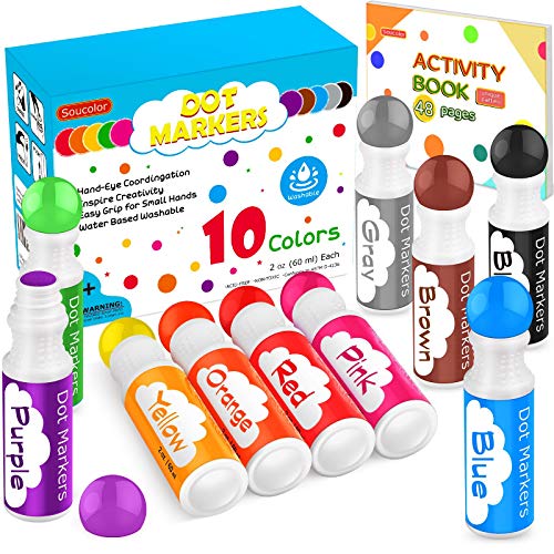 Washable Dot Markers for Toddlers Kids Preschool, 10 Colors 2 oz Kids Markers Set with 48 Pages Tearable Activity Book for Toddler Arts and Crafts Kits Supplies, Non-Toxic Water-Based Paint Dauber