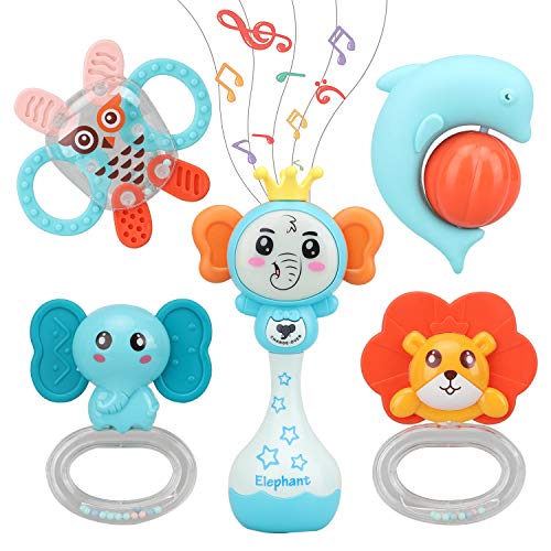 TOY Life 5PCS Baby Rattle Teether Rattles Toys with Electronic Elephant Grab Shaker and Spin Rattles for Infants - Baby Musical Toys - Baby Chew Toys for 0 3 6 9 12 Month Newborn Baby Girl Boy