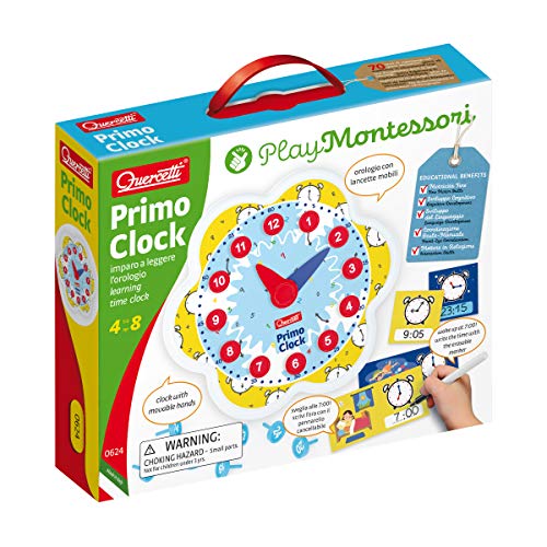 Quercetti Play Montessori Toys Primo Teaching Clock - Educational Toy Helps Kids Learn to Tell Time, Includes 18 Double-Sided Dry-Erase Cards and Marker, for Ages 4-8 Years