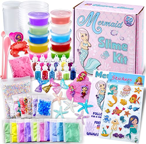 Laevo Mermaid Slime Kit - DIY Slime Kit for Kids - Party Mermaid Gift for Girls - Make Glitter, Butter, Clear Foam Crunchy Glossy Slime Charms Add Ins Mermaid Craft