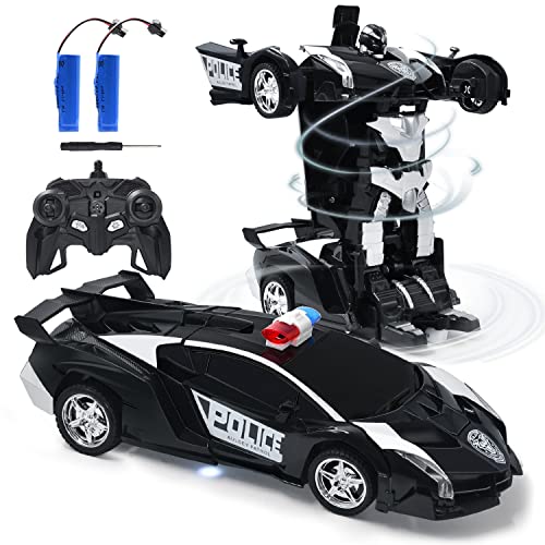 Zahooy Police RC Car Robot for Kids, Remote Control Transforming Robot Car Toy, One Key Deformation Robot Car, One-Button Auto Demo&360 Rotate Speed Drifting &Rechargable for Boys Girls Adult Gifts