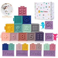 Load image into Gallery viewer, Mini Tudou 14 PCS Baby Blocks Soft Building Blocks Toys w/ Milestone Blocks &amp; Play Mat, Educational Squeeze Teether Sensory Toy w/ Numbers Animals Shapes Textures for Babies Toddlers Boys &amp; Girls
