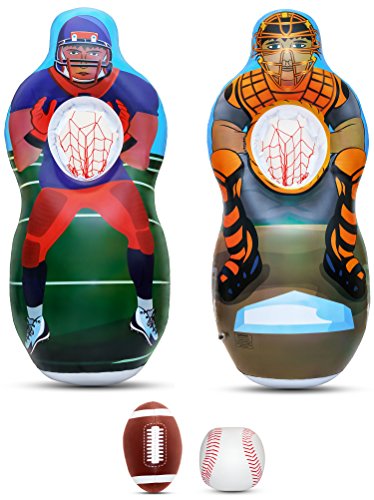 Inflatable Two Sided Football & Baseball Target Set - Includes One Inflatable 5 Foot Tall Target (Football Player on one side and Baseball Catcher on 2nd Side), a Soft Mini Football and Mini Baseball