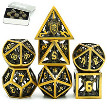 Load image into Gallery viewer, UDIXI Metal DND Dice Set - Metal Dice Hollow Shield for Role Playing Games, 7 die Polyhedral Dice Set for Dungeons and Dragons MTG Pathfinder,RPG dice for Table Games (Shield Ancient Golden)
