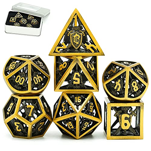 UDIXI Metal DND Dice Set - Metal Dice Hollow Shield for Role Playing Games, 7 die Polyhedral Dice Set for Dungeons and Dragons MTG Pathfinder,RPG dice for Table Games (Shield Ancient Golden)