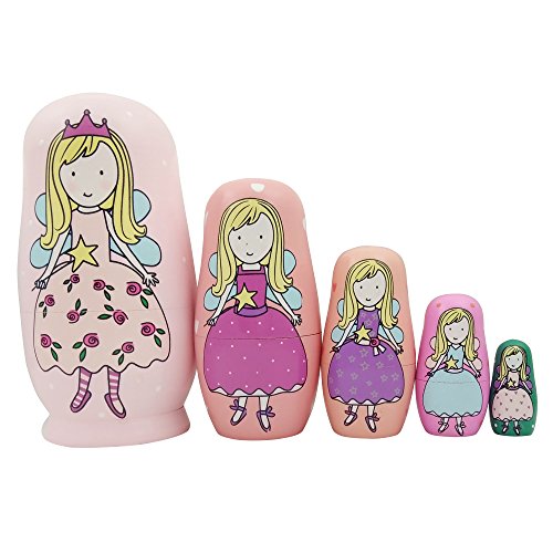 Hycles 5 Pcs Cute Angel Princess Handmade Nesting Dolls Russian Matryoshka Dolls Wishing Dolls for Kids Girls Toddlers Birthday Toy Home Decoration Lovely Pink